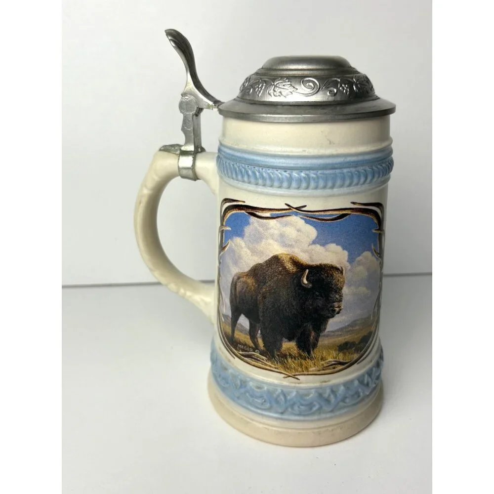 VTG Gerz German Beer Stein Pewter Lid Buffalo 95% Zinn Ceramic 8”